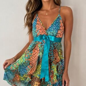Y2K BCBGMaxAzria Teal and Coral Ruffled Peacock Silk Mini Dress size 0